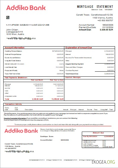 Autriche Addiko bank relevé hypothécaire scr